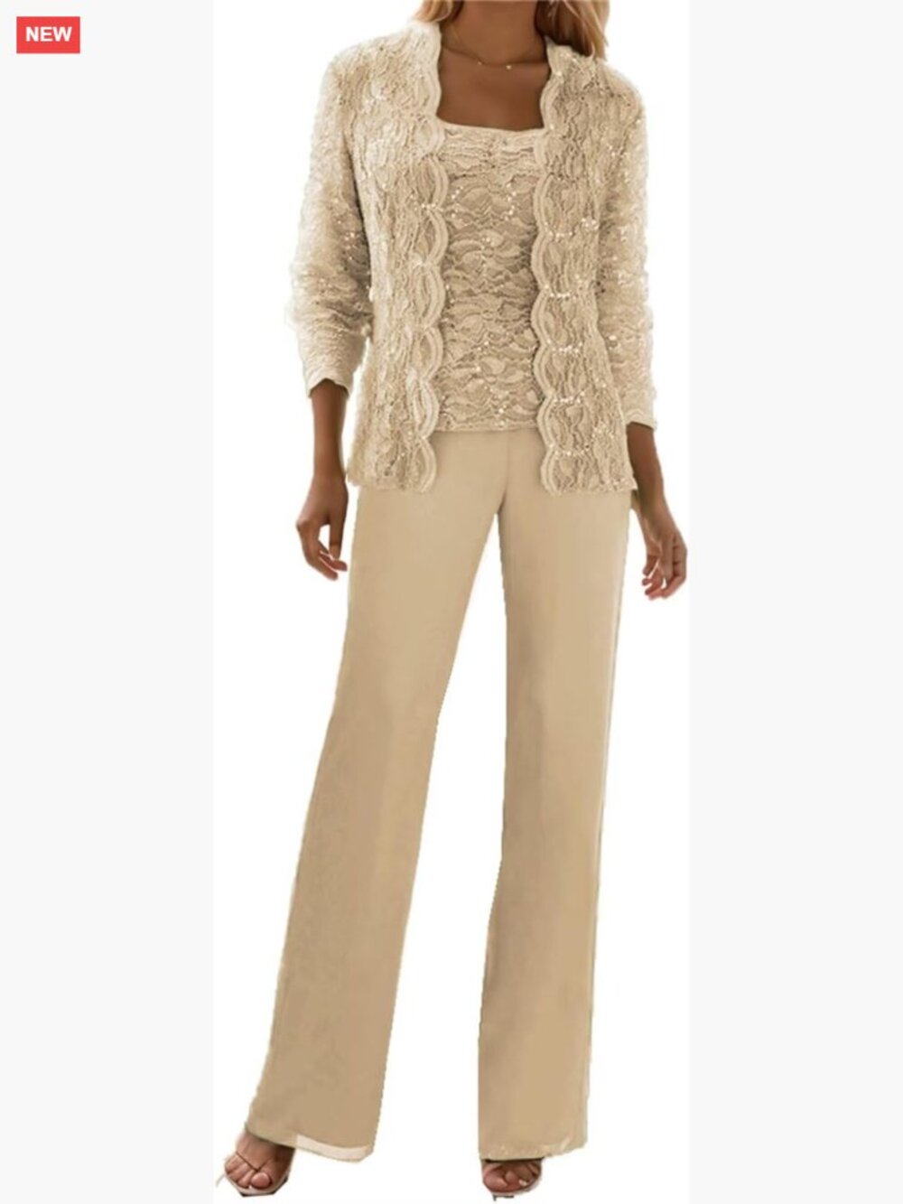 3-Piece Chiffon Lace Formal Pant Suit with Jacket Wedding Guest Outfit